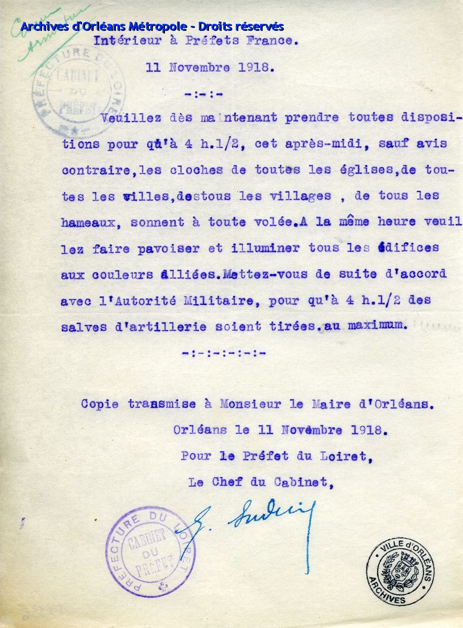 Orleans - Note du Ministère de l'Intérieur annonçant l'armistice