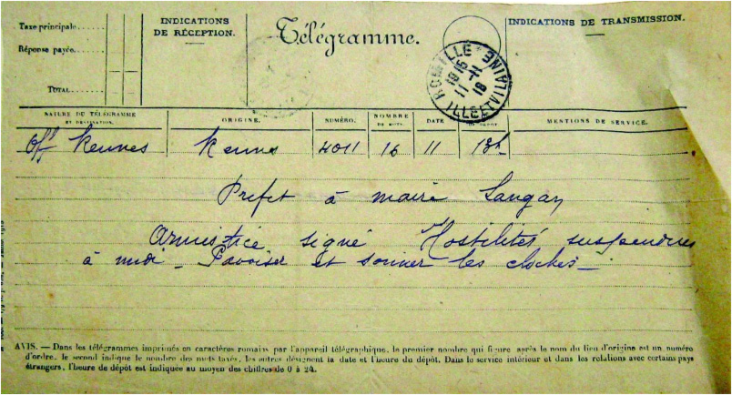 Telegramme-du-prefet-annonçant-l'armistice